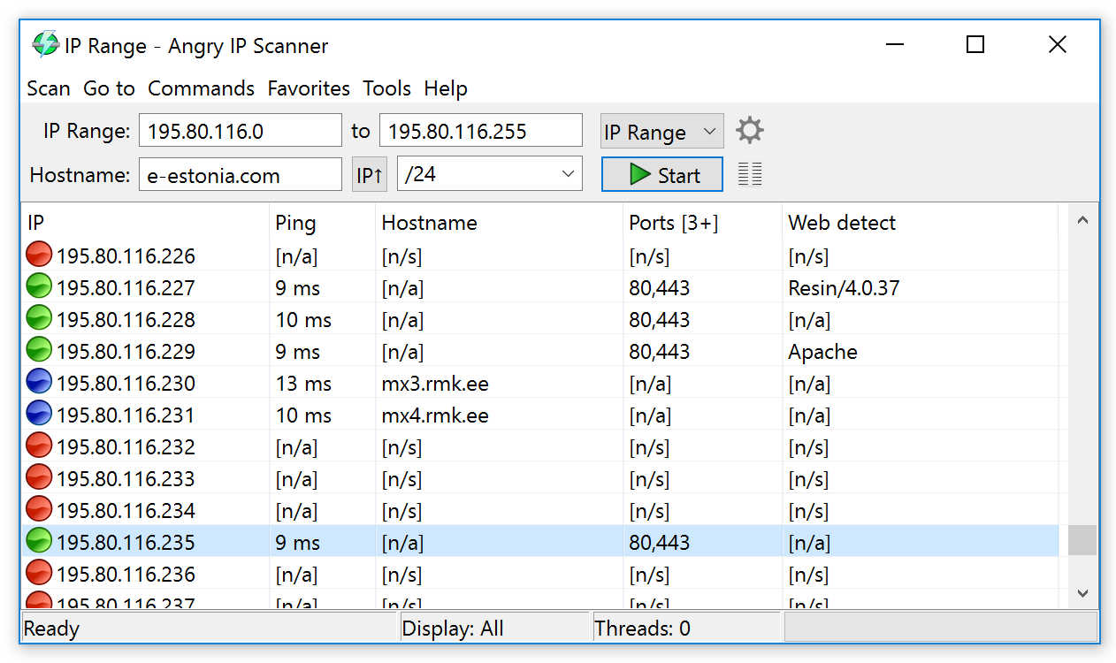 Angry IP Scanner main window showing IP range scan results on Windows 10