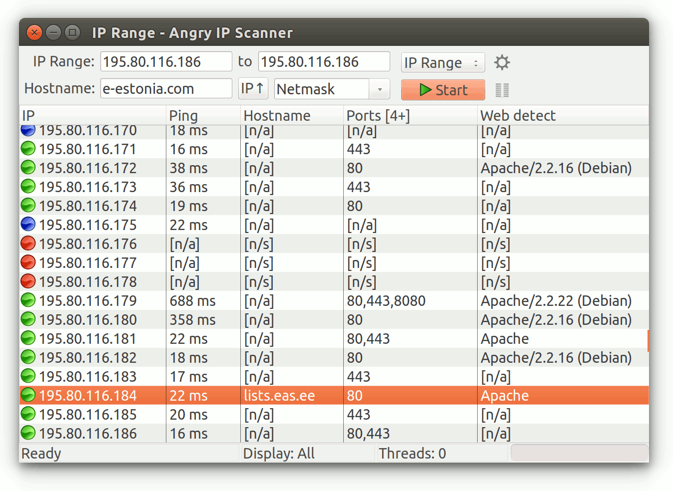 Angry IP Scanner interface on Ubuntu Linux with scan results