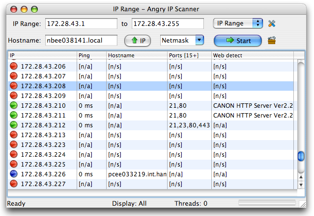 Angry IP Scanner running on macOS showing network scan
