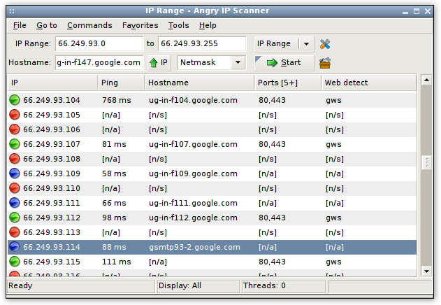 Angry IP Scanner on Linux desktop with scan results table