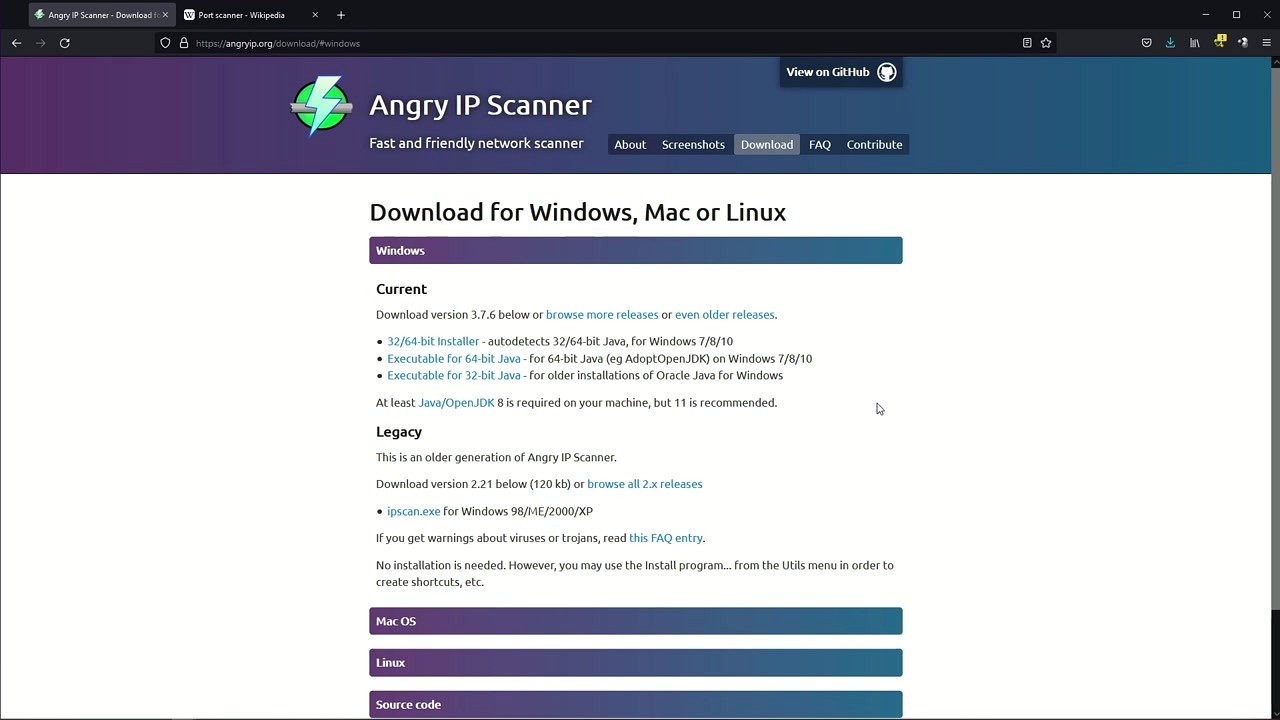 Angry IP Scanner download page showing Windows, Mac, and Linux options