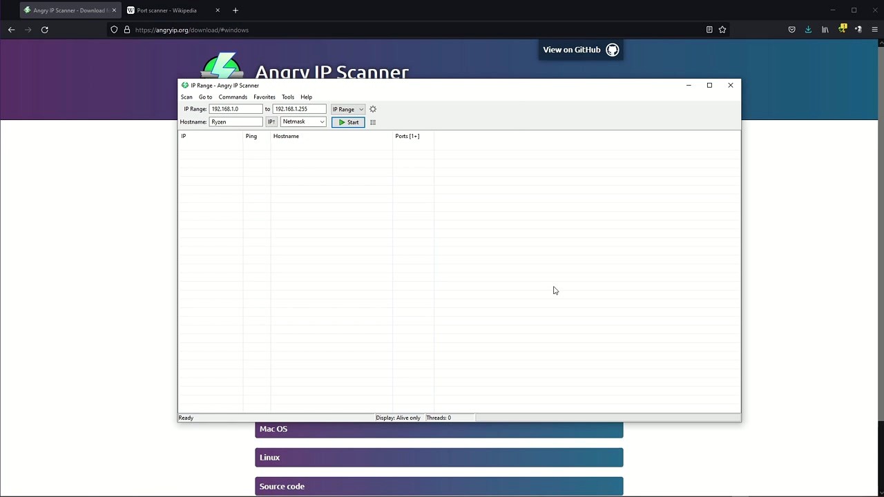 Angry IP Scanner main window showing IP range fields and Start button