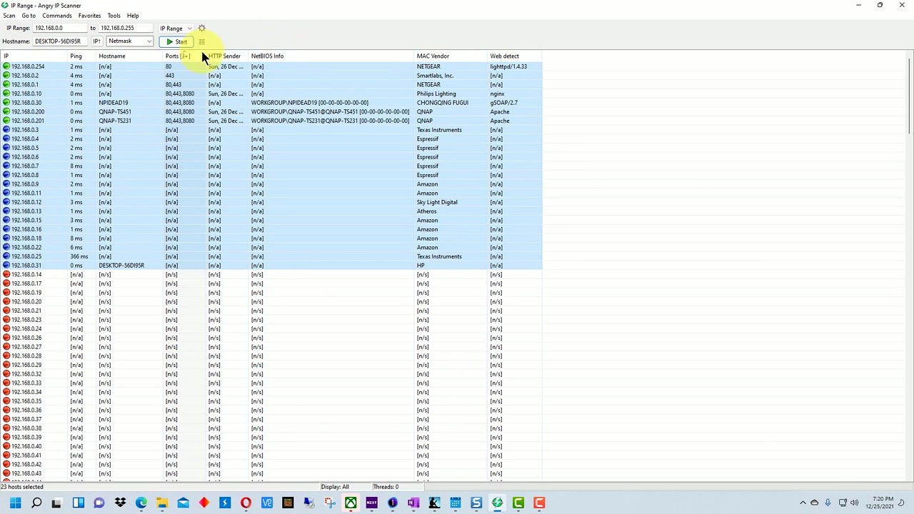 Angry IP Scanner scan results showing discovered hosts with ping times and ports